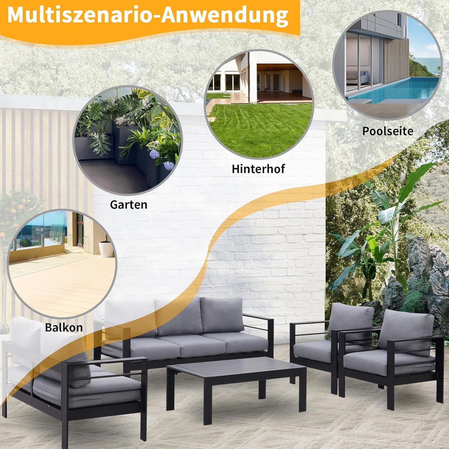 7 - Sitzer Gartenlounge - Set aus Aluminium mit Polster Grau/Schwarz - MeXo - Home