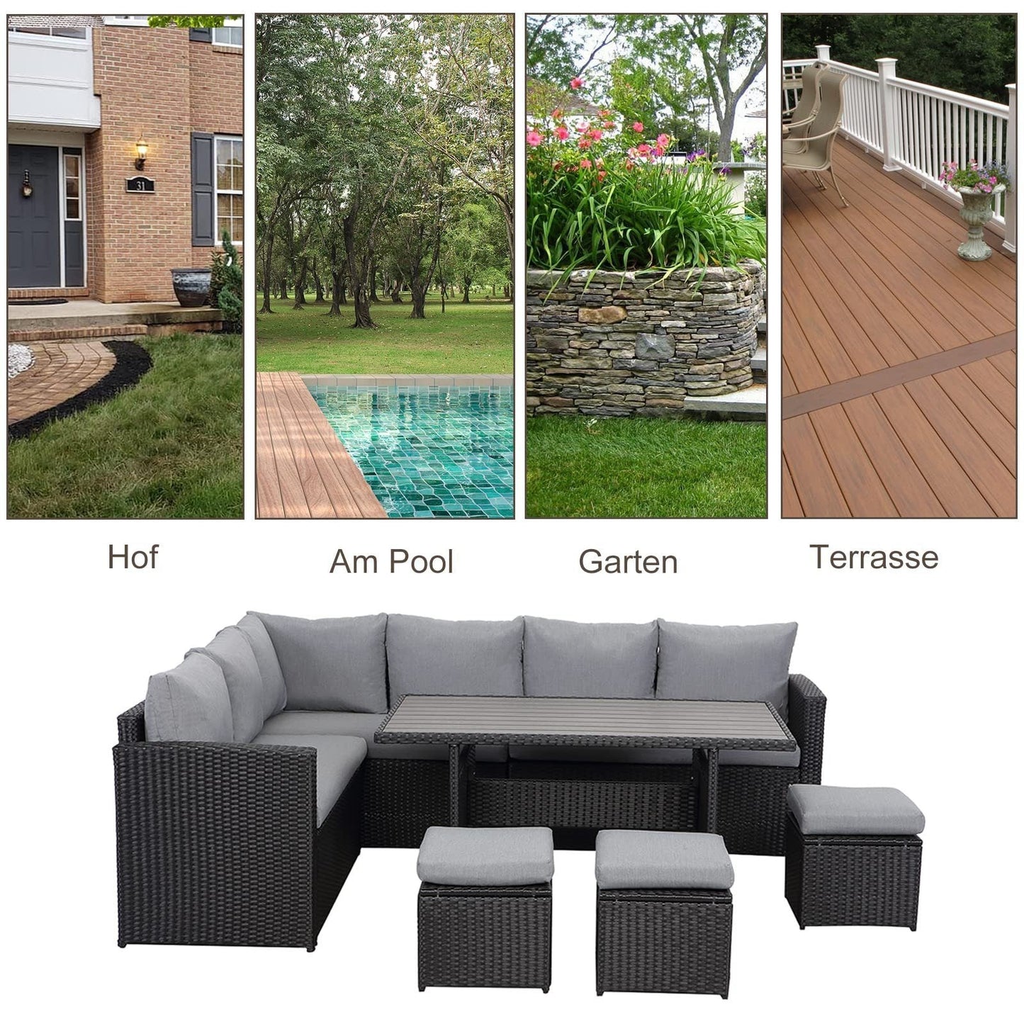 Gartenlounge - Set aus Polyrattan mit Ecklounge, Esstisch, 3 Hocker, Polster | Schwarz - MeXo - Home