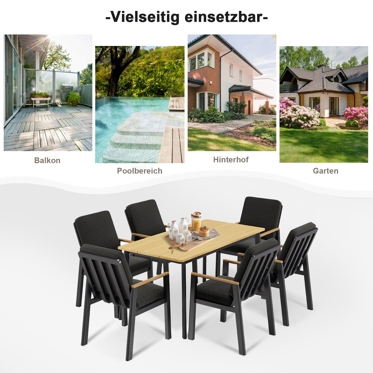 Gartenlounge - Set Dining Lounge für 6 Personen Outdoor (Gartenmöbelset, 7 - tlg., 6x Sessel, 1x Esstisch 150x80x74cm), Garten - Essgruppe mit Kissen und Sitzpolstern Aluminium - MeXo - Home
