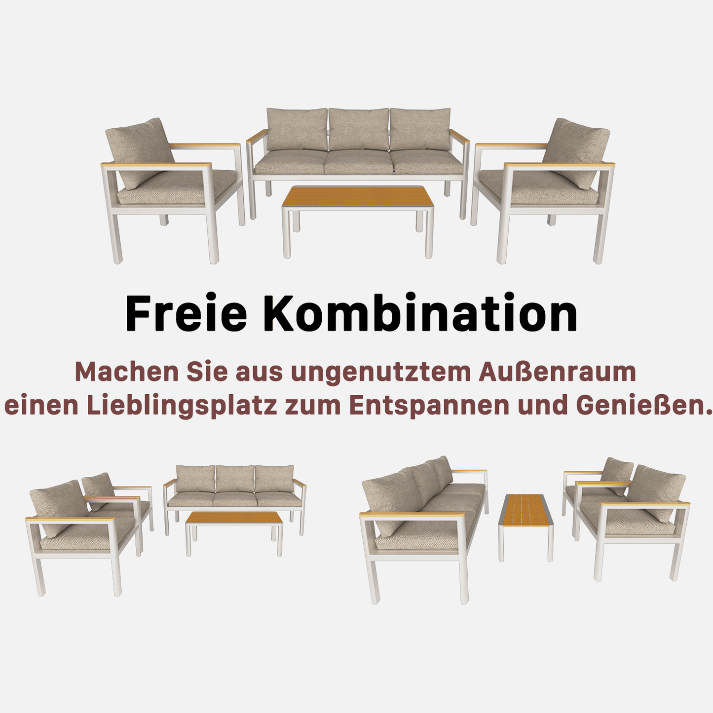 Gartenlounge - Set Gartenmöbel Set Sitzgruppe für 4 Personen Aluminium wetterfest (Balkonmöbel Set, 4 - tlg., 1 x 2 - Sitzer Sofa, 2 x Einzelsessel, 1 x Couchtisch, 8 Auflagen), Terrassenmöbel - Set mit Kissen und Sitzpolstern - MeXo - Home