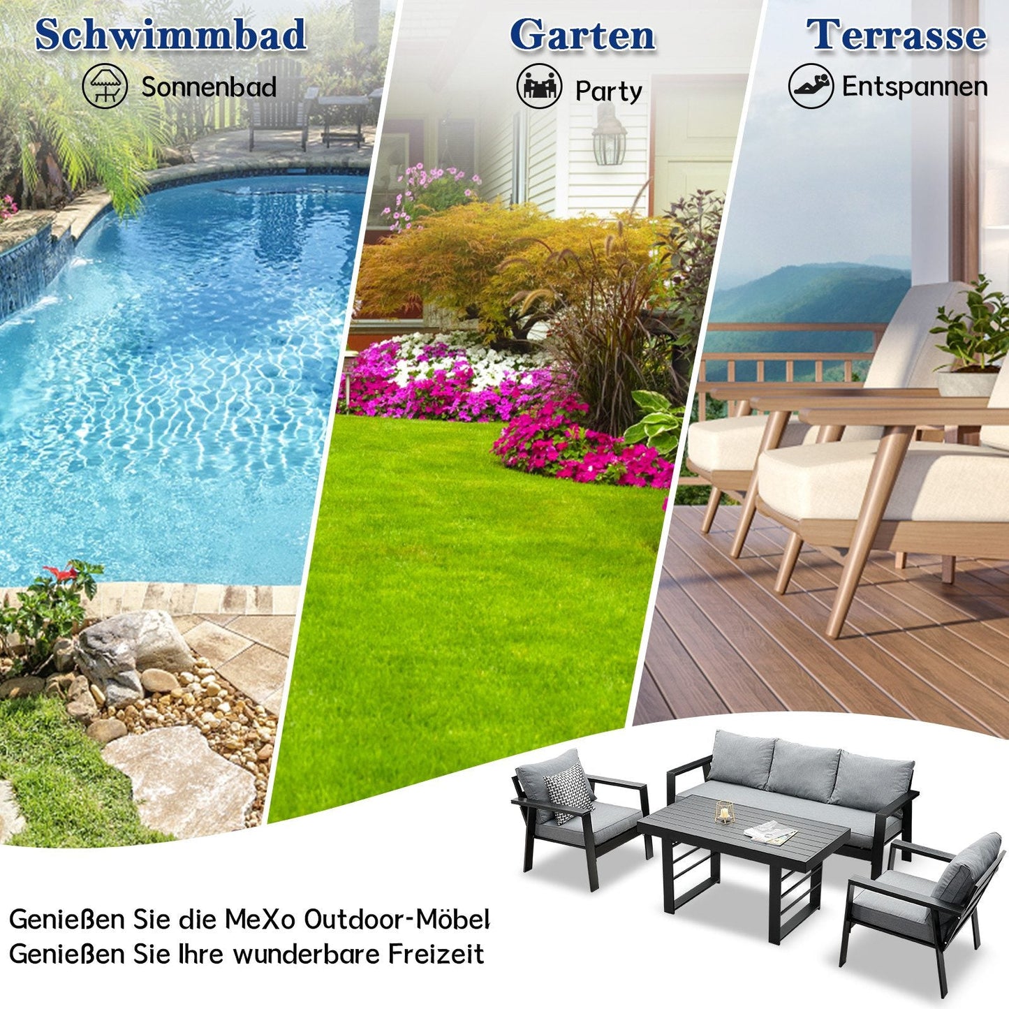 Gartenlounge - Set Terrassenmöbel Set 130x66x66cm Esstisch 5 Personen Alu wetterfest (10cm Deluxe Relax - Sitzkissen, 4 - tlg., Belastbarkeit pro Sitzplatz 140kg), Aluminium mit bequemer Neigung der Lehne, großzügige Sitzgelegenheit - MeXo - Home