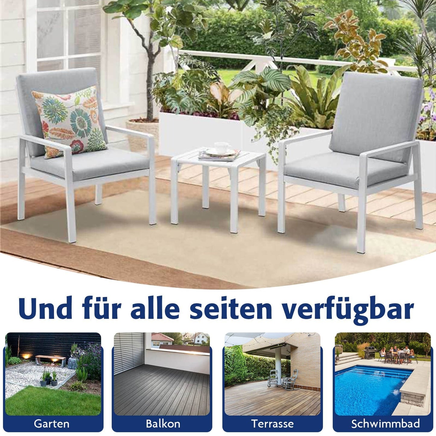 MeXo Gartenlounge - Set Aluminium Gartenmöbel - Set, (Balkonmöbel Set, 3 - tlg., 2 Gartenstühle, 1 Couchtisch, inkl.Auflagen), wetterfest Loungemöbel Sitzgruppe - MeXo - Home