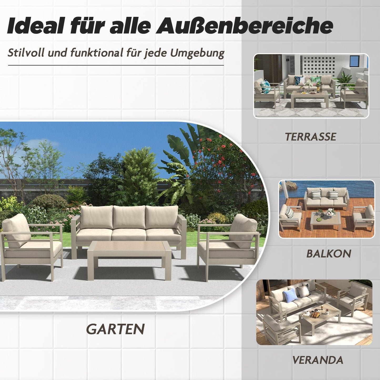 MEXO Gartenlounge - Set Gartenmöbel Set 4 - 5 Personen Aluminium outdoor wetterfest (Beige, harmonieren mit Licht bei Nacht, 4 - tlg., Passt zum skandinavischen, mediterranen oder minimalistischen Stil), 12cm Deluxe Relax - Sitzkissen - MeXo - Home