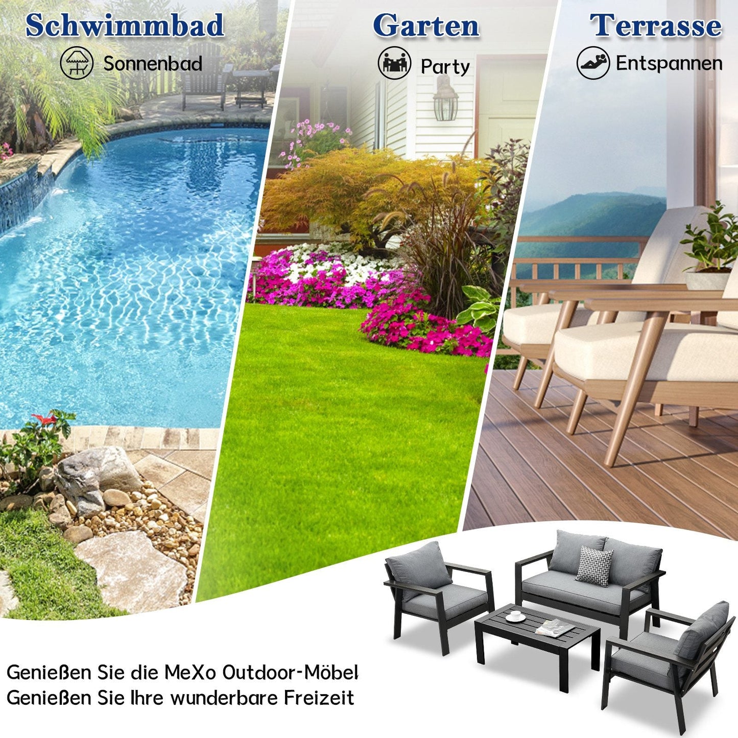 MeXo Gartenlounge - Set Gartenmöbel Set Aluminium Loungeset für Terrasse Balkon, (Set, 4 - tlg., 1×2 - Sitzer Sofa, 2×Einzelsessel, 1×Couchtisch, 7×Auflagen), wetterfest Sitzgruppe Essgruppe Gartengarnitur für 3 - 4 Personen - MeXo - Home