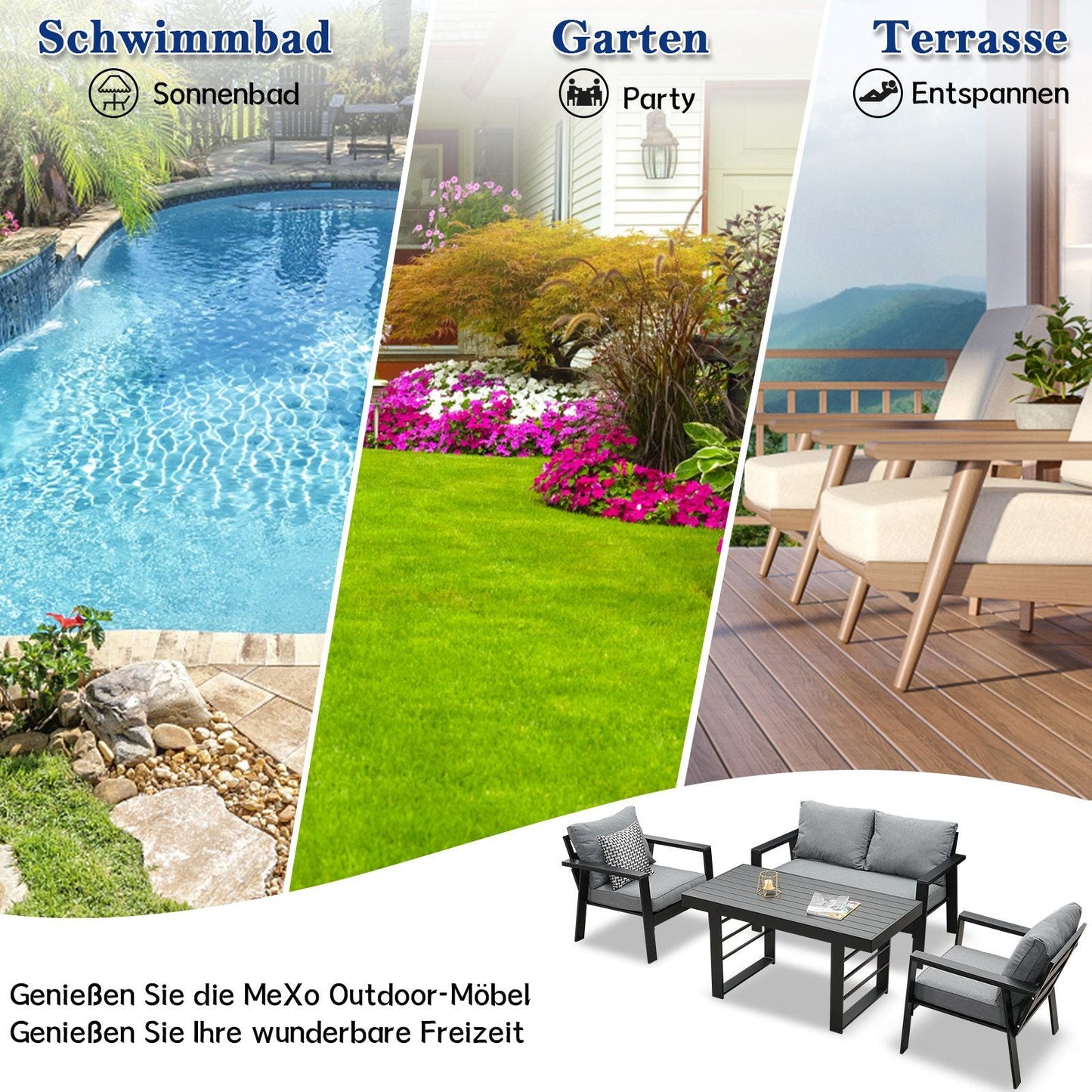 MeXo Gartenlounge - Set Gartenmöbel Set Aluminium Loungeset für Terrasse Balkon, (Set, 4 - tlg., 1×2 - Sitzer Sofa, 2×Einzelsessel, 1×Esstisch, 7×Auflagen), wetterfest Sitzgruppe Essgruppe Gartengarnitur für 3 - 4 Personen - MeXo - Home