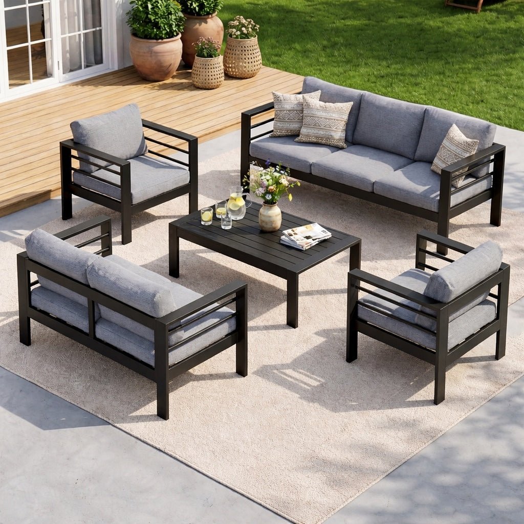 MEXO Gartenlounge - Set Gartenmöbel Set Aluminium wetterfest 6 - 7 Personen (12cm Deluxe Relax - Sitzkissen, 5 - tlg., pflegeleichte Polywood - Tischplatte), outdoor Gartensofa mit Tisch, 8 cm breite Armlehne, Luxus Relax - MeXo - Home