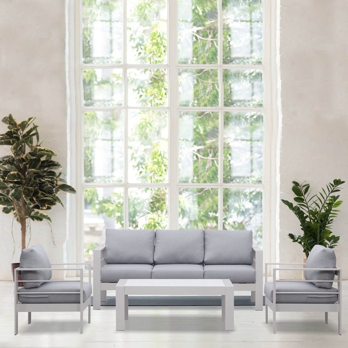 MeXo Gartenlounge - Set Terrassenmöbel Set Aluminium 5 Personen wetterfest, (12cm Deluxe Relax - Sitzkissen, 4 - tlg., Belastbarkeit pro Sitzplatz 140kg), Tisch 110x62x41cm, Sitzgruppe Dreisitzer Sofa 184×65×66cm - MeXo - Home