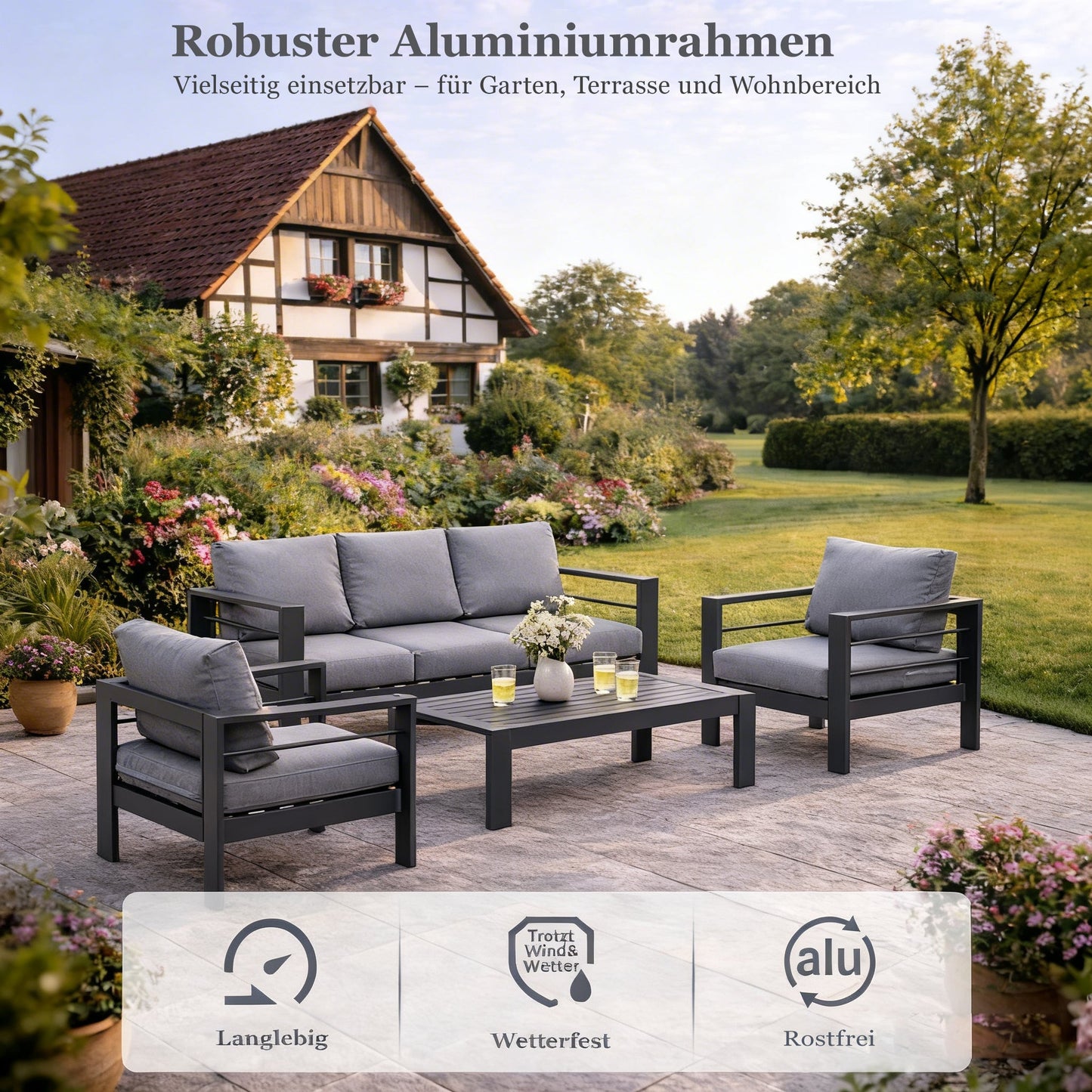 MEXO Gartenlounge - Set XXL Gartenmöbel Set Aluminium Outdoor (Gartenmöbel Set, 4 - tlg., 1×3 - Sitzer Sofa, 2×Sessel, 1×Tisch, 10×Auflagen), wetterfest Sitzgruppe Essgruppe Gartengarnitur für 4 - 5 Personen - MeXo - Home