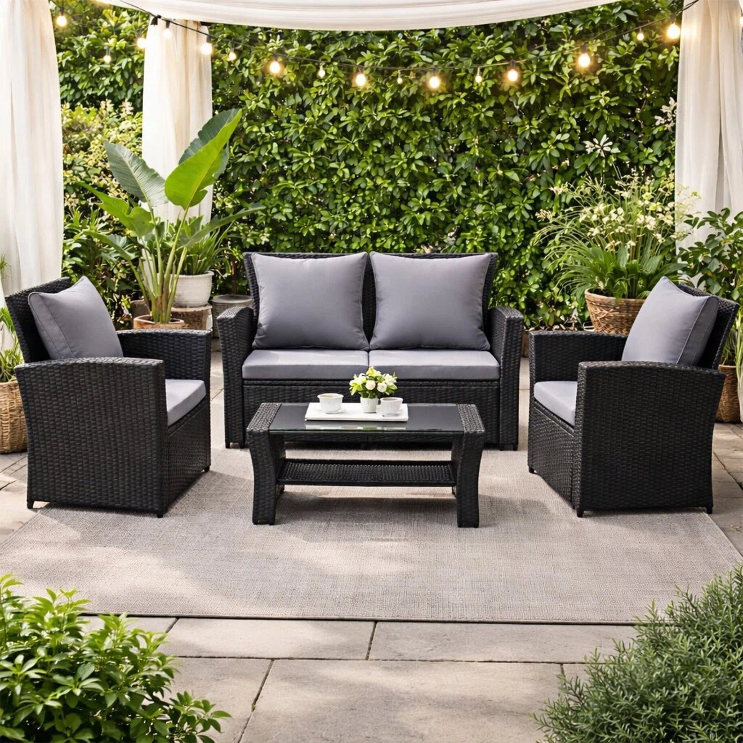 MeXo Loungeset Polyrattan Gartenmöbel Set 4 Personen Wetterfest (Balkonset Sitzgruppe, 4-tlg., mit 80 cm hoher Rückenlehne, 8 cm breite Armlehne), Stauraum unter dem Tisch