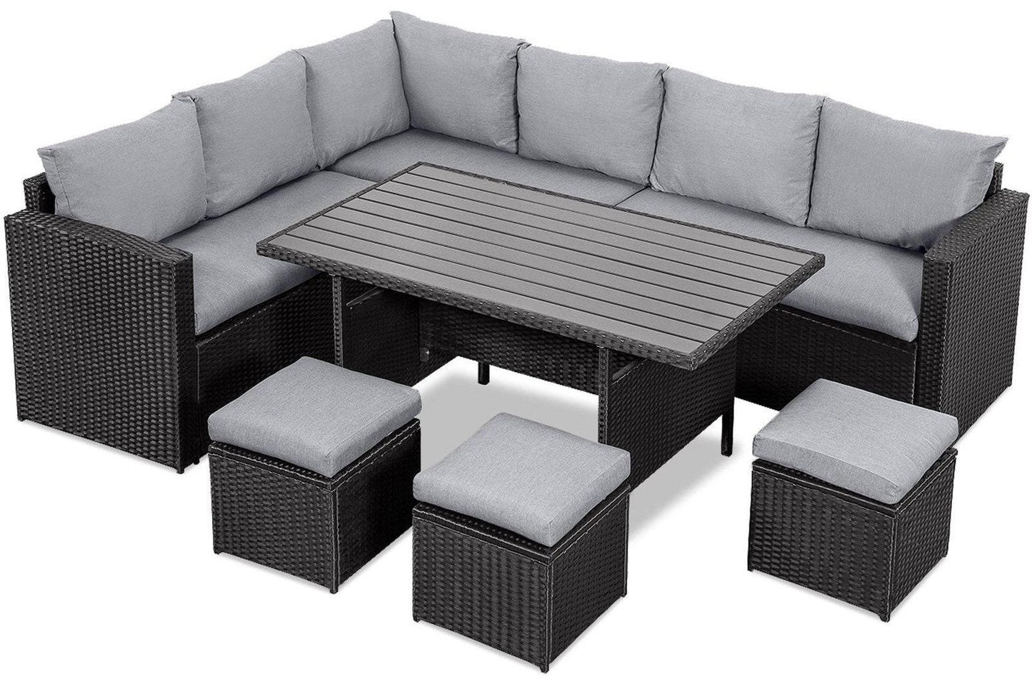 MeXo Polyrattan Gartenmöbel - Set Lounge - Set mit Ecksofa, WPC Esstisch, 3 Hocker, Kissen - Gartenlounge wetterfest bis 10 Personen - MeXo - Home