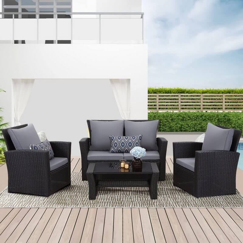 MeXo 4 - Personen Gartenlounge - Set aus Polyrattan mit Premium - Polster – Schwarz, Wetterfest & Stylisch - MeXo - Home