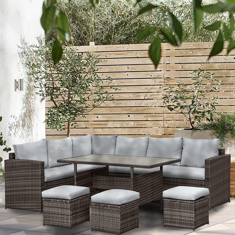 MeXo Loungeset Gartenmöbel Set 9 Personen mit Esstisch wetterfest, Modulare Ecklounge, (Esstisch 132x76x67cm, 7-tlg., Belastbarkeit pro Sitzplatz bis zur 140kg)