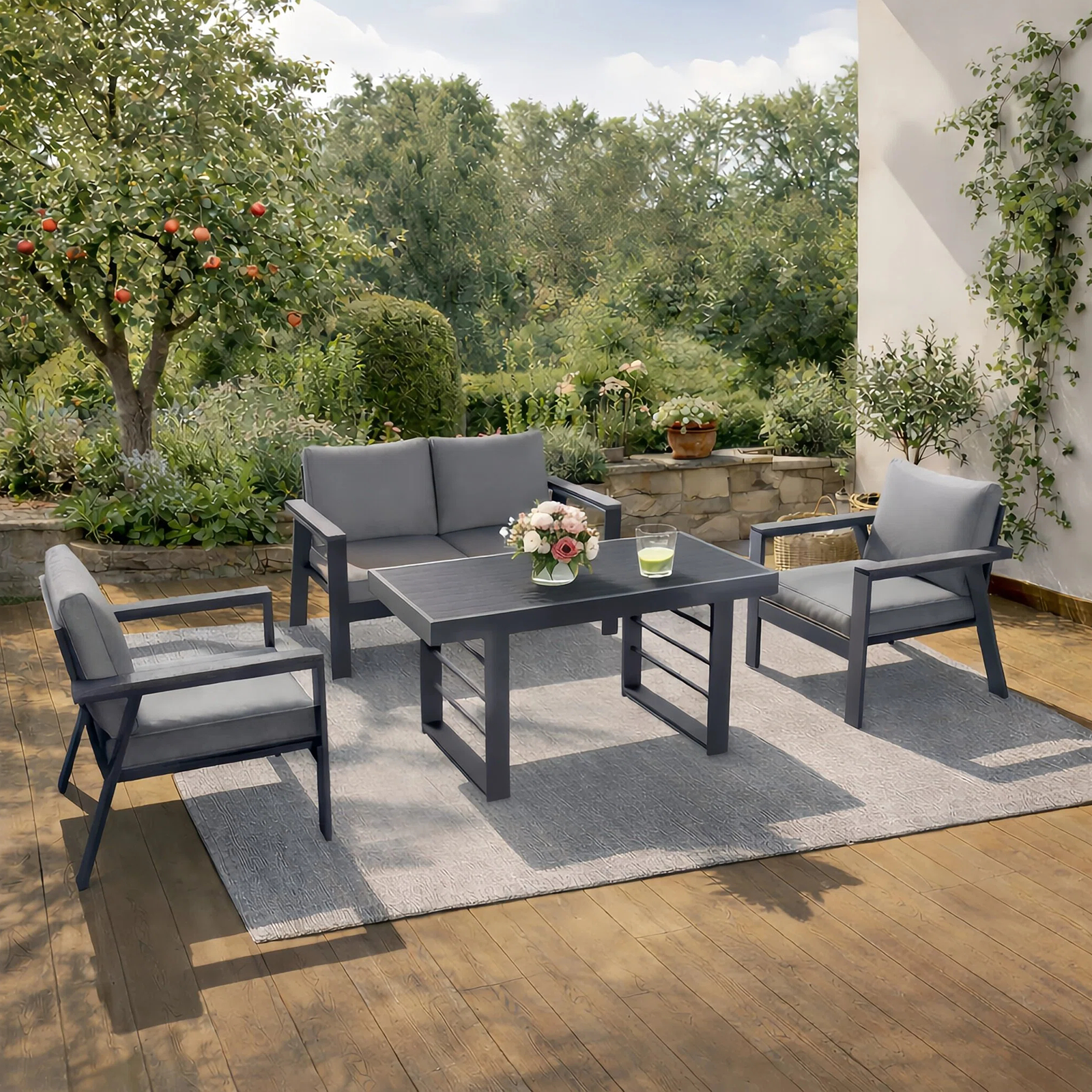 MeXo Gartenlounge-Set Gartenmöbel Set Aluminium Loungeset für Terrasse Balkon, (Set, 4-tlg., 1×2-Sitzer Sofa, 2×Einzelsessel, 1×Couchtisch, 7×Auflagen), wetterfest Sitzgruppe Essgruppe Gartengarnitur für 3-4 Personen