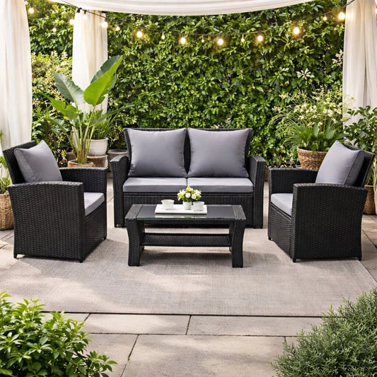 MeXo Loungeset Polyrattan Gartenmöbel Set 4 Personen Wetterfest (Balkonset Sitzgruppe, 4-tlg., mit 80 cm hoher Rückenlehne, 8 cm breite Armlehne), Stauraum unter dem Tisch