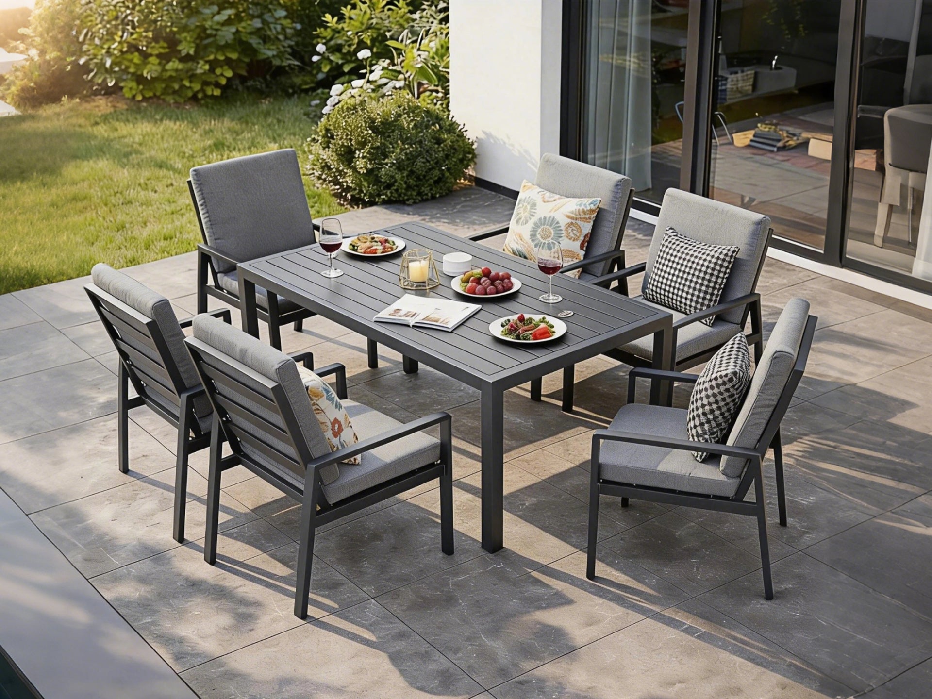 MeXo Gartenlounge-Set Gartengarnitur Set Aluminium, (Garten Essgruppe für 4 Personen, 5-tlg., 4 Sessel, 1 Esstisch, inkl. Auflagen), Gartenmöbel Set wetterfest und platzsparende