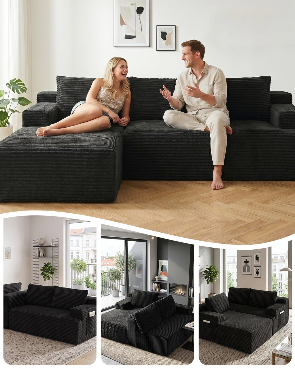 4 - Sitzer Cord - Ecksofa mit Recamiere links - MeXo