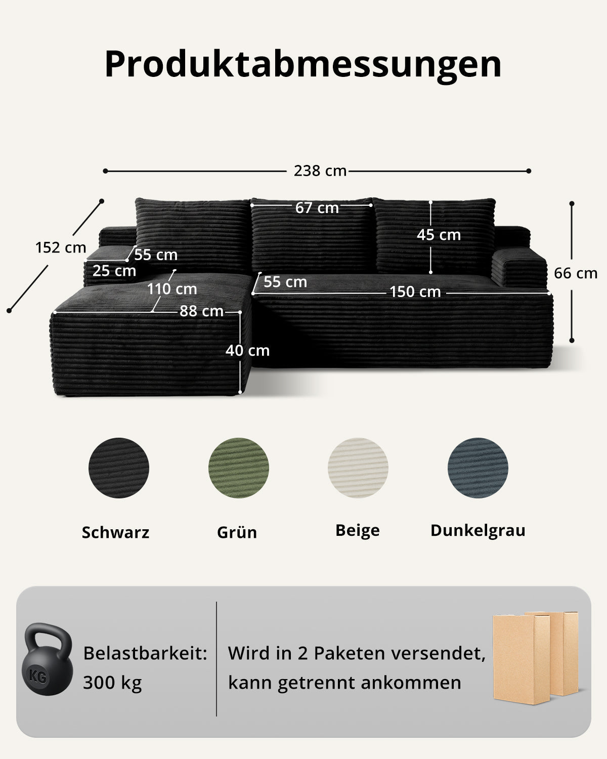 4 - Sitzer Cord - Ecksofa mit Recamiere links - MeXo