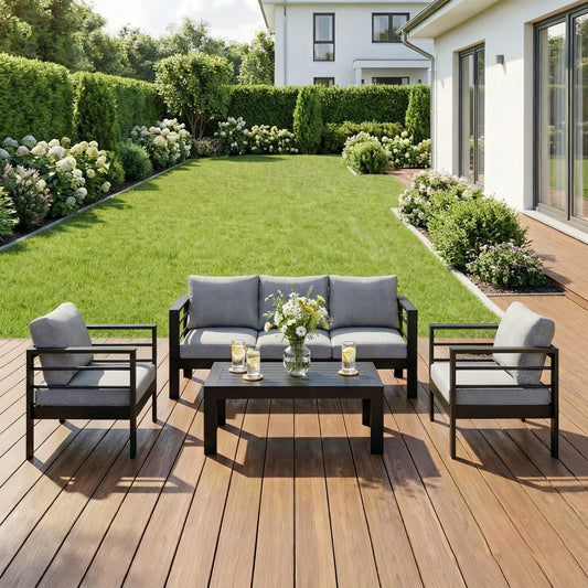 MEXO Gartenlounge-Set XXL Gartenmöbel Set Aluminium Outdoor (Gartenmöbel Set, 4-tlg., 1×3-Sitzer Sofa, 2×Sessel, 1×Tisch, 10×Auflagen), wetterfest Sitzgruppe Essgruppe Gartengarnitur für 4-5 Personen