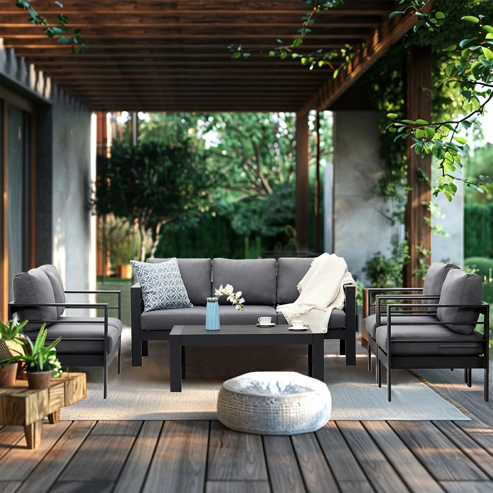 7 - Sitzer Gartenlounge - Set aus Aluminium mit Polster Grau/Schwarz - MeXo - Home