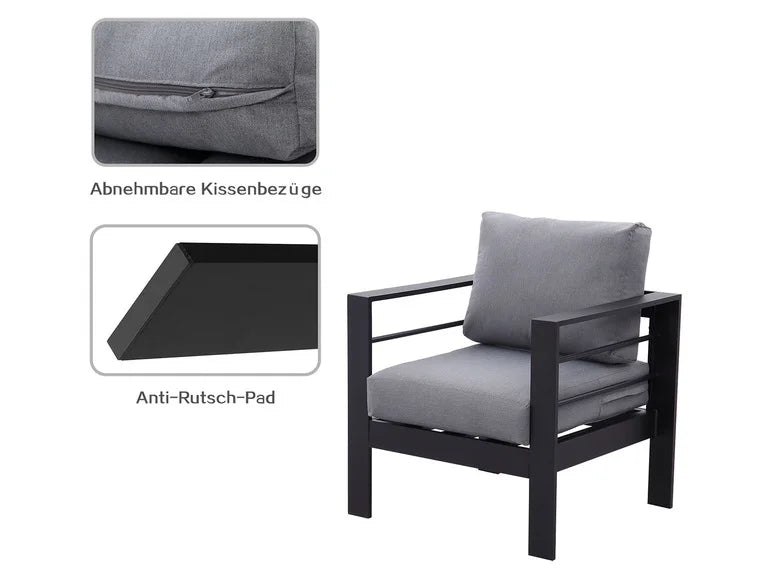 7 - Sitzer Gartenlounge - Set aus Aluminium mit Polster Grau/Schwarz - MeXo - Home