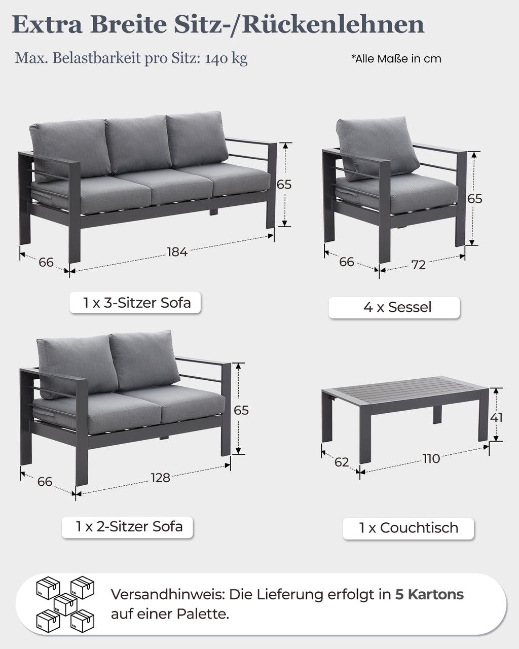 MEXO Gartenlounge-Set Terrassenmöbel Set 8-10 Personen Aluminium outdoor wetterfest (7-tlg.), Gartenmöbel Set für Außenbereich, Terrasse, Balkon und Garten