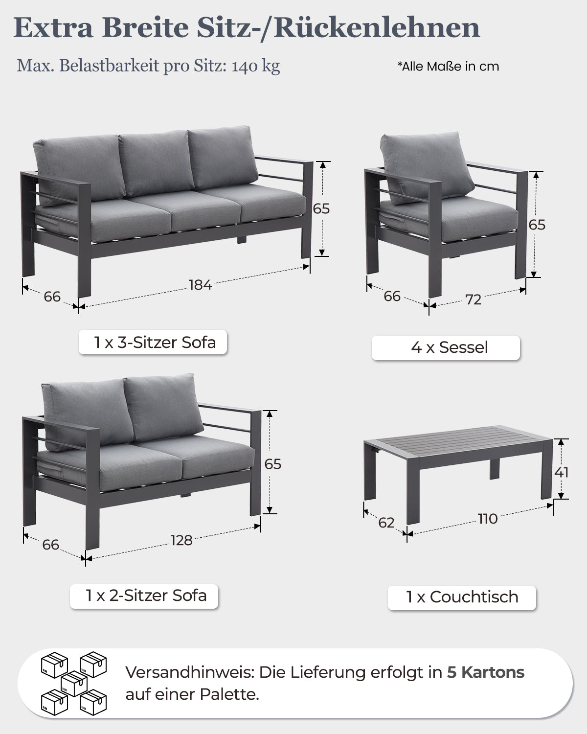 MEXO Gartenlounge-Set Terrassenmöbel Set 8-10 Personen Aluminium outdoor wetterfest (7-tlg.), Gartenmöbel Set für Außenbereich, Terrasse, Balkon und Garten