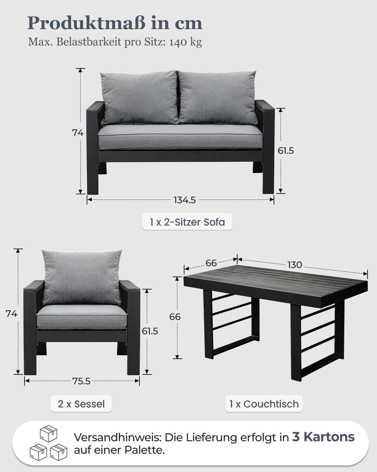 MEXO Gartenmöbel Set mit Tisch 4-tlg.
