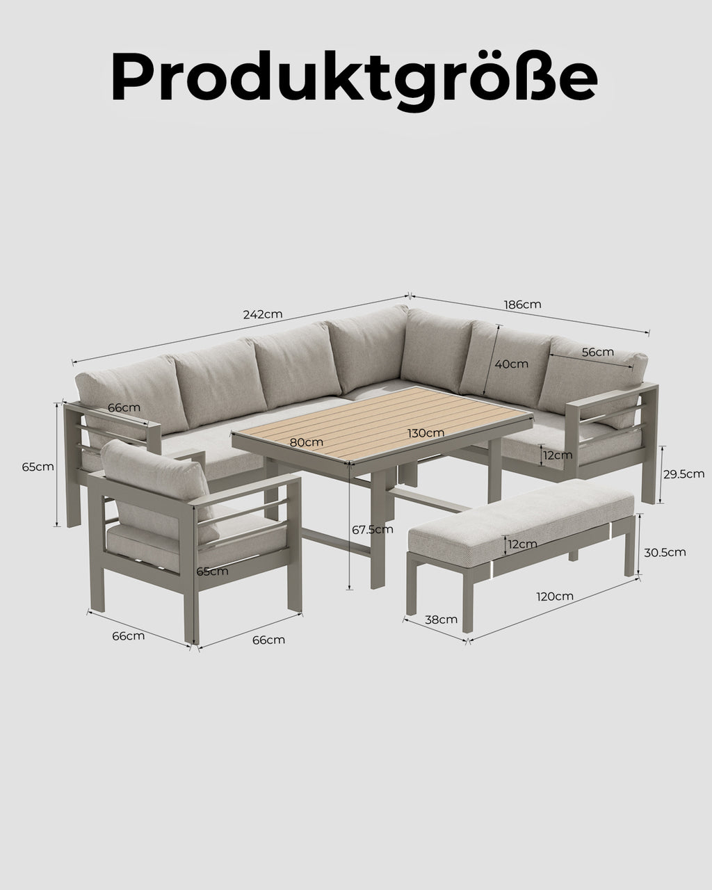 MEXO Gartenlounge-Set (5-teilig), Schenkel links, für 6–8 Personen