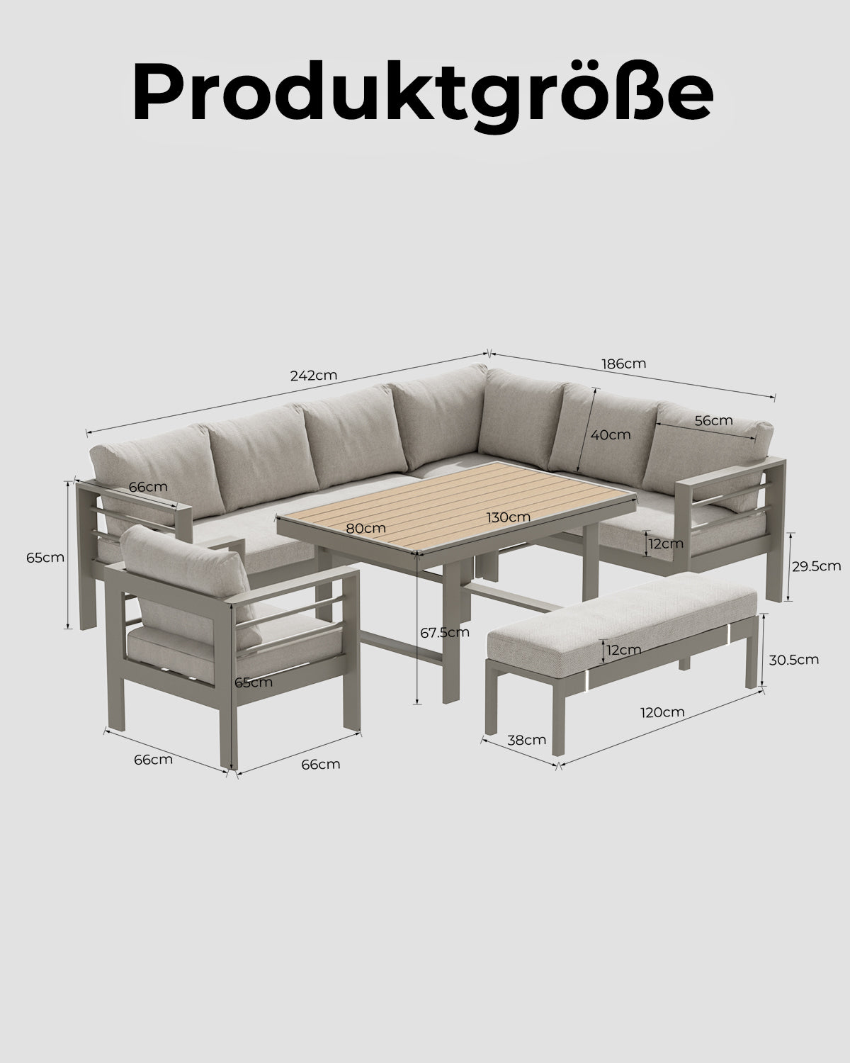 MEXO Gartenlounge-Set (5-teilig), Schenkel links, für 6–8 Personen