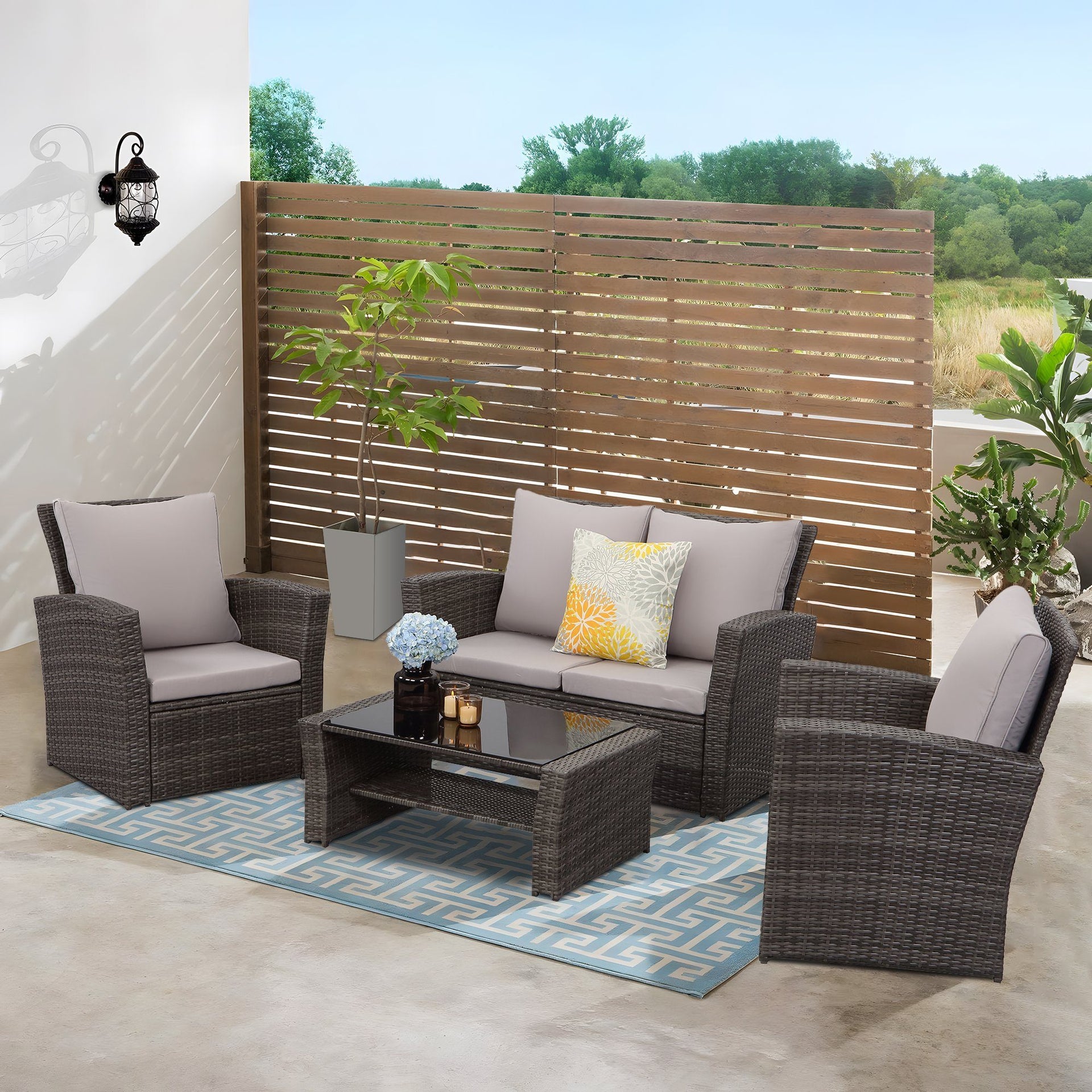 Gartenlounge Set aus Polyrattan mit Polster für 4 Personen Grau | Lounge-Set  Wetterfest für den Garten, Balkon & Terrasse – MeXo-Home