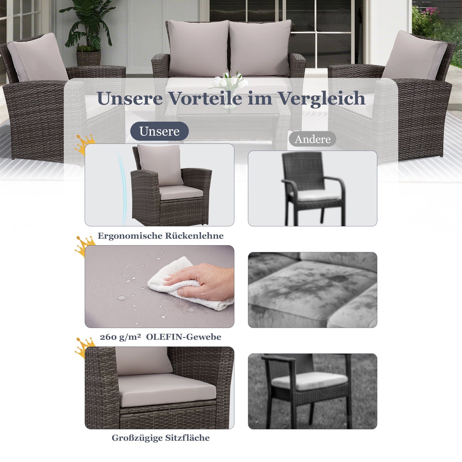 Gartenlounge - Set aus Polyrattan mit 2 Sessel, Sofa & Tisch für 4 Personen Grau - MeXo - Home