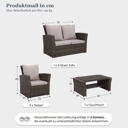 Gartenlounge - Set aus Polyrattan mit 2 Sessel, Sofa & Tisch für 4 Personen Grau - MeXo - Home