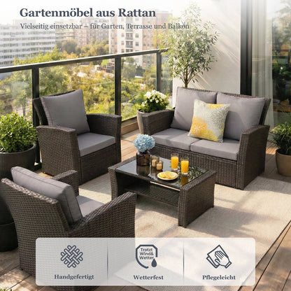 Gartenlounge - Set aus Polyrattan mit 2 Sessel, Sofa & Tisch für 4 Personen Grau - MeXo - Home