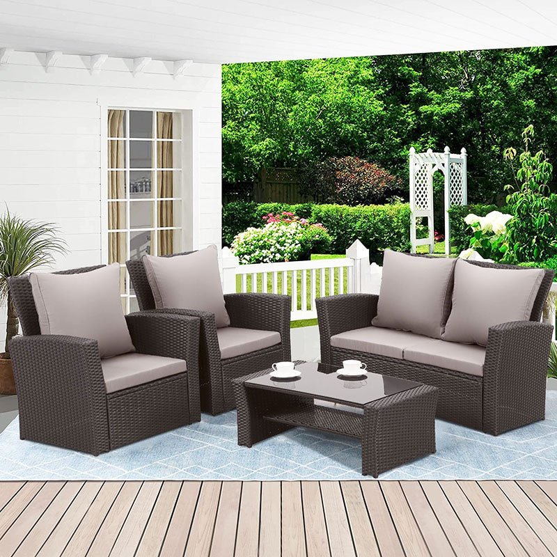 Gartenlounge - Set aus Polyrattan mit 2 Sessel, Sofa & Tisch für 4 Personen Grau - MeXo - Home