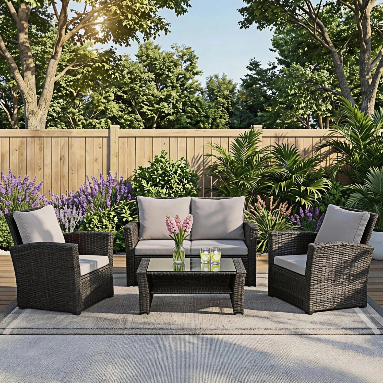 Gartenlounge - Set aus Polyrattan mit 2 Sessel, Sofa & Tisch für 4 Personen Grau - MeXo - Home