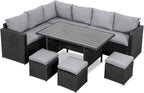 Gartenlounge - Set aus Polyrattan mit Ecklounge, Esstisch, 3 Hocker, Polster | Schwarz - MeXo - Home