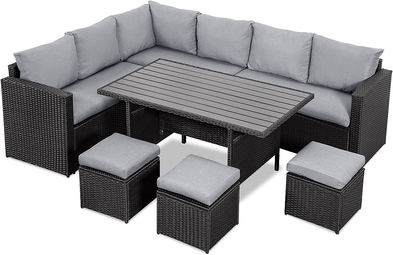 Gartenlounge - Set aus Polyrattan mit Ecklounge, Esstisch, 3 Hocker, Polster | Schwarz - MeXo - Home