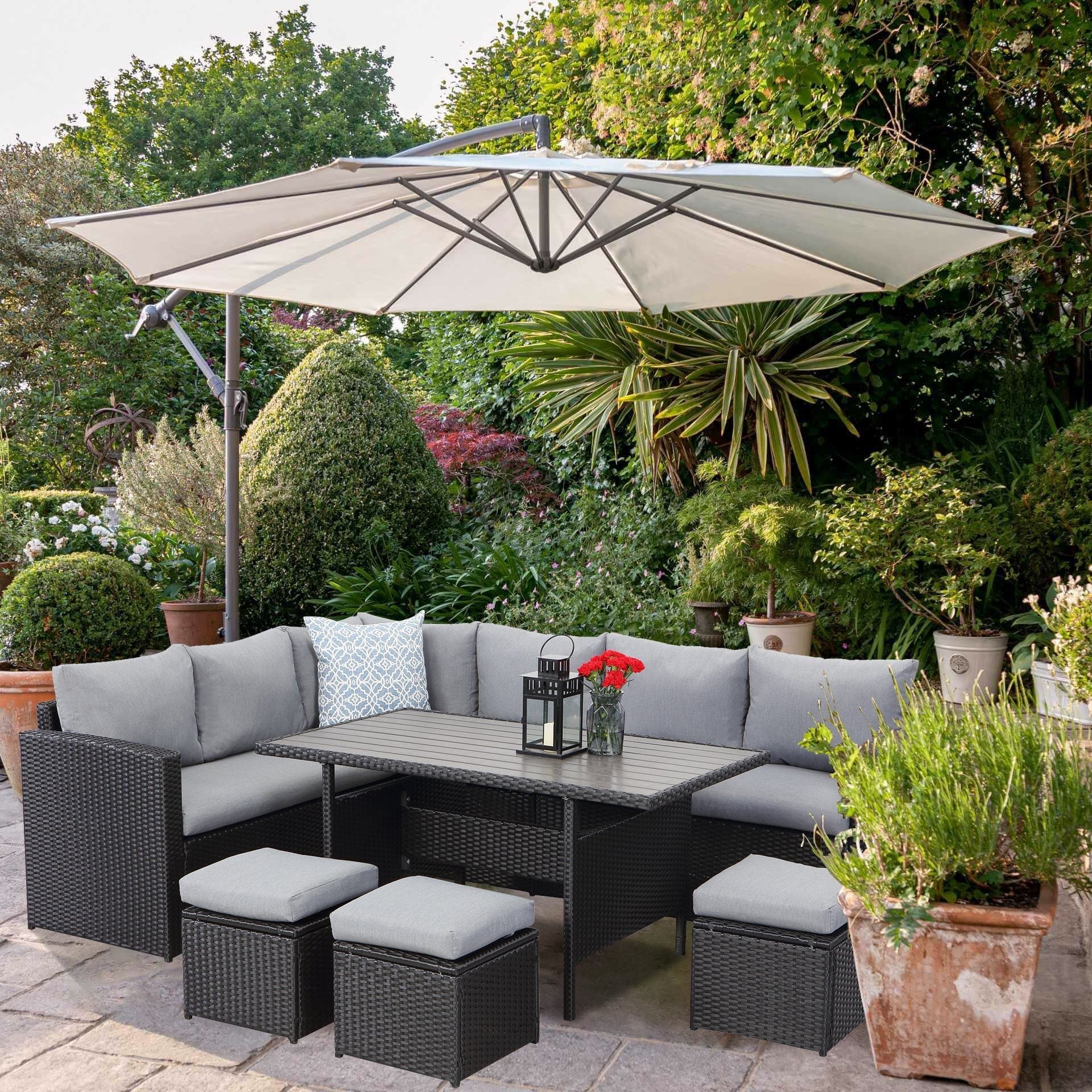 Gartenlounge - Set aus Polyrattan mit Ecklounge, Esstisch, 3 Hocker, Polster | Schwarz - MeXo - Home
