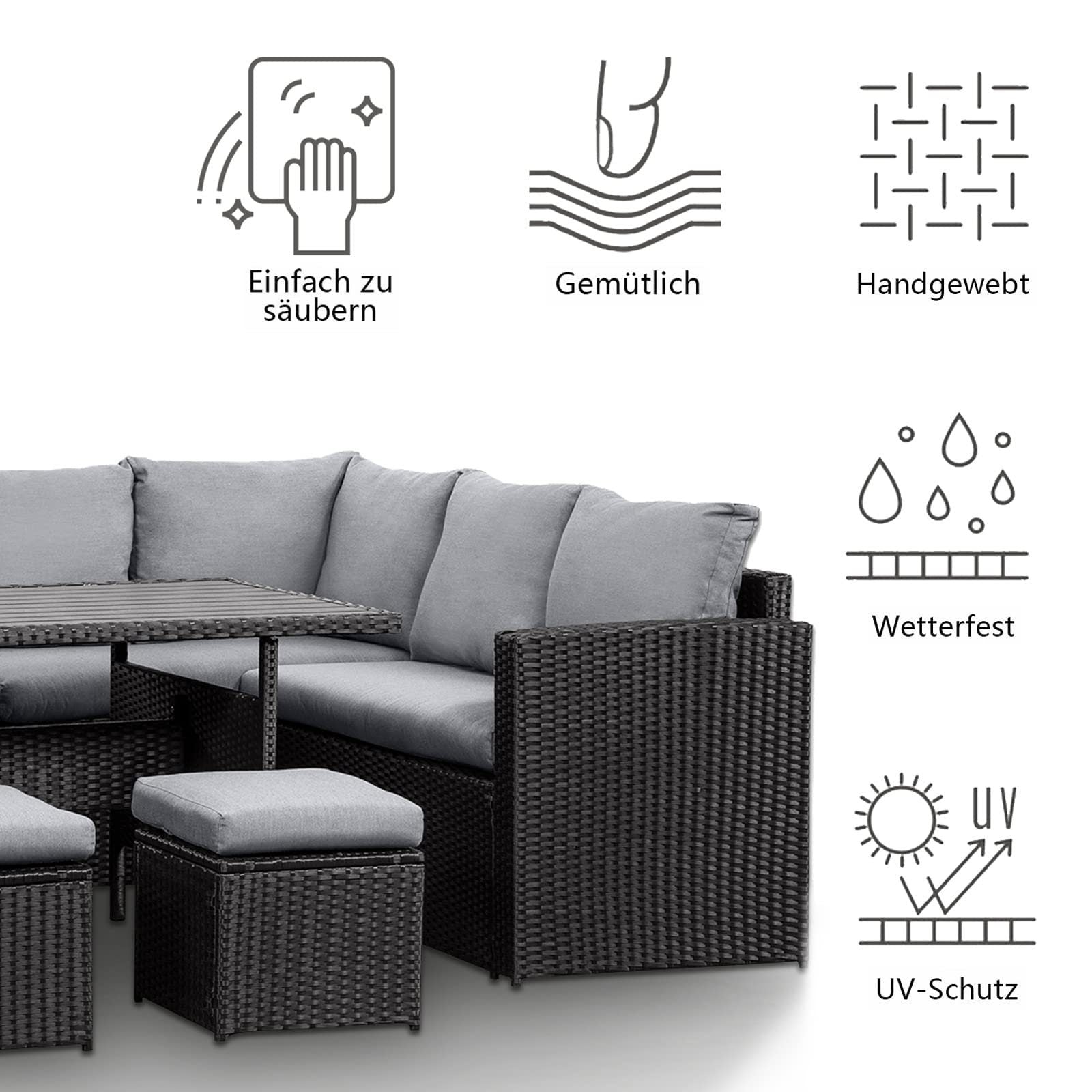 Gartenlounge - Set aus Polyrattan mit Ecklounge, Esstisch, 3 Hocker, Polster | Schwarz - MeXo - Home