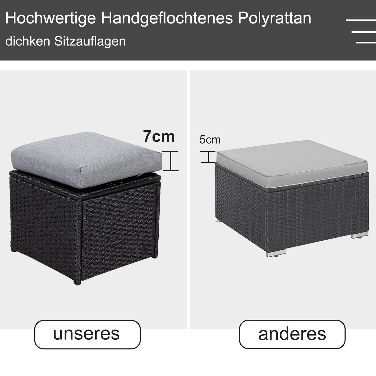 Gartenlounge - Set aus Polyrattan mit Ecklounge, Esstisch, 3 Hocker, Polster | Schwarz - MeXo - Home
