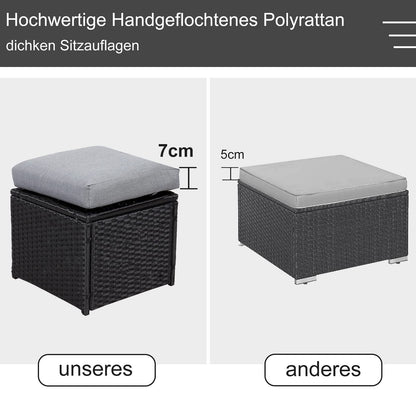 Gartenlounge - Set aus Polyrattan mit Ecklounge, Esstisch, 3 Hocker, Polster | Schwarz - MeXo - Home