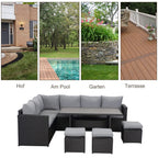 Gartenlounge - Set aus Polyrattan mit Ecklounge, Esstisch, 3 Hocker, Polster | Schwarz - MeXo - Home