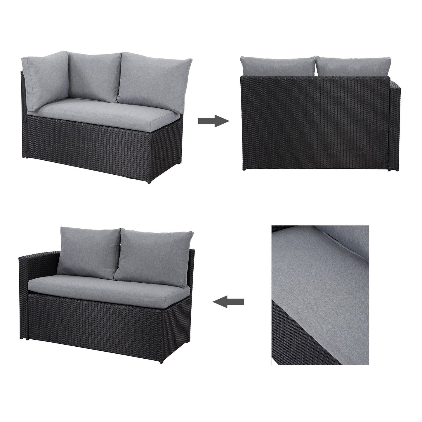 Gartenlounge - Set aus Polyrattan mit Ecklounge, Esstisch, 3 Hocker, Polster | Schwarz - MeXo - Home