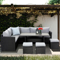 Gartenlounge - Set aus Polyrattan mit Ecklounge, Esstisch, 3 Hocker, Polster | Schwarz - MeXo - Home
