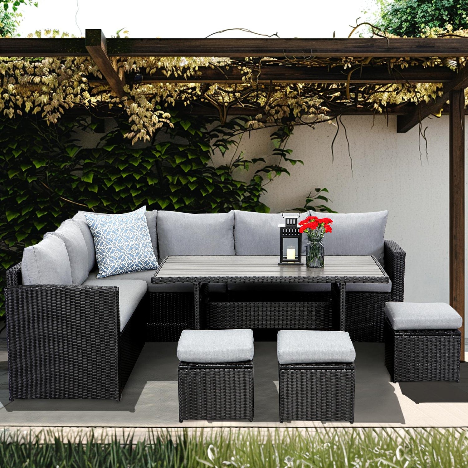 Gartenlounge - Set aus Polyrattan mit Ecklounge, Esstisch, 3 Hocker, Polster | Schwarz - MeXo - Home