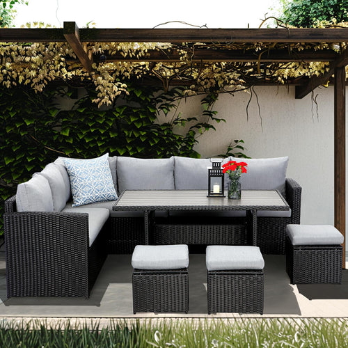 Gartenlounge - Set aus Polyrattan mit Ecklounge, Esstisch, 3 Hocker, Polster | Schwarz - MeXo - Home