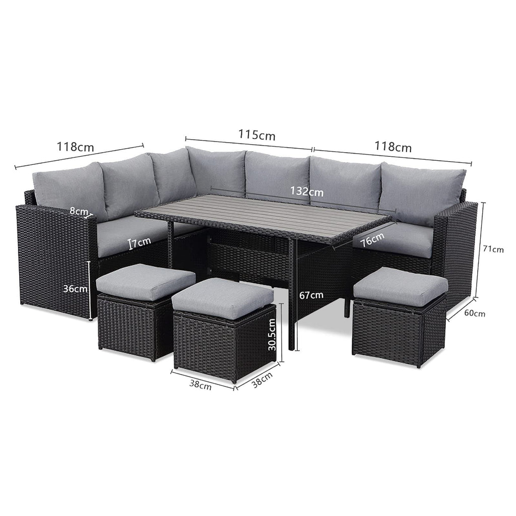 Gartenlounge - Set aus Polyrattan mit Ecklounge, Esstisch, 3 Hocker, Polster | Schwarz - MeXo - Home