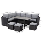Gartenlounge - Set aus Polyrattan mit Ecklounge, Esstisch, 3 Hocker, Polster | Schwarz - MeXo - Home