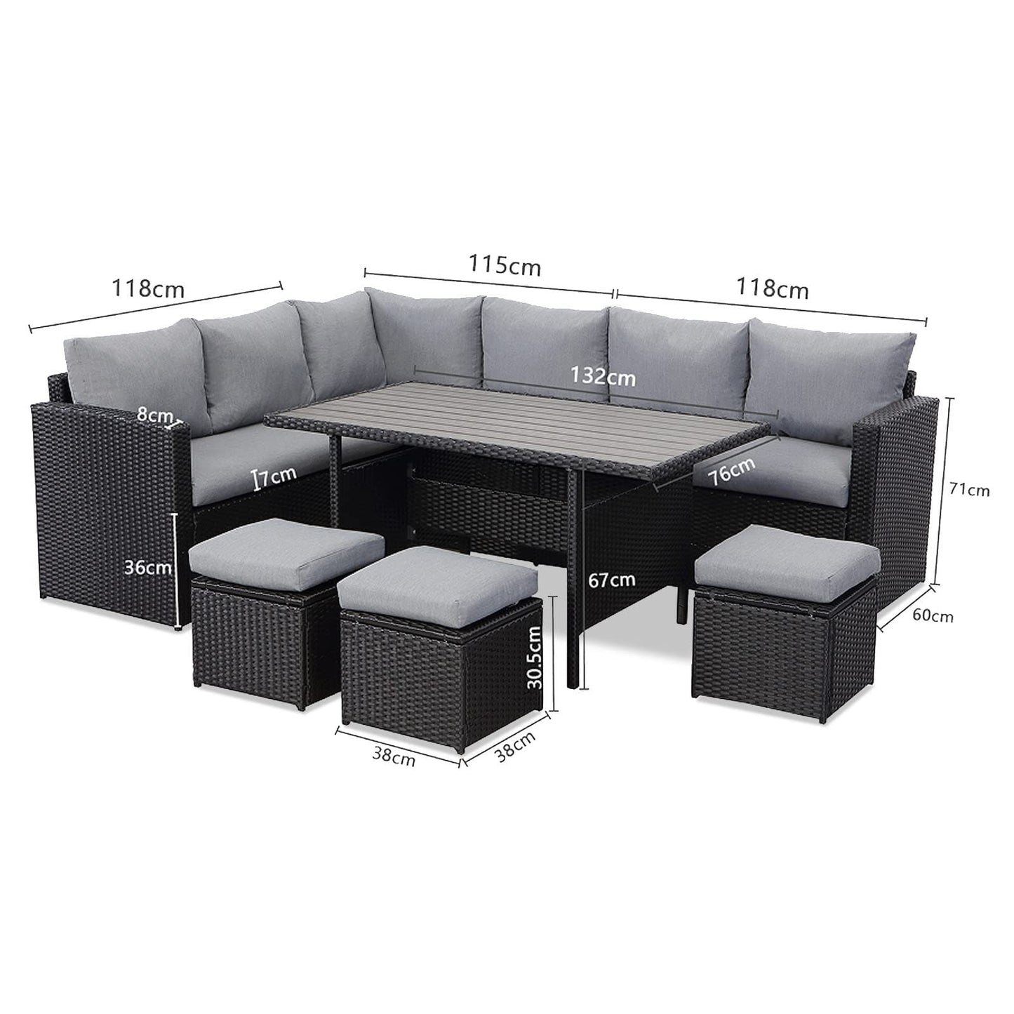 Gartenlounge - Set aus Polyrattan mit Ecklounge, Esstisch, 3 Hocker, Polster | Schwarz - MeXo - Home