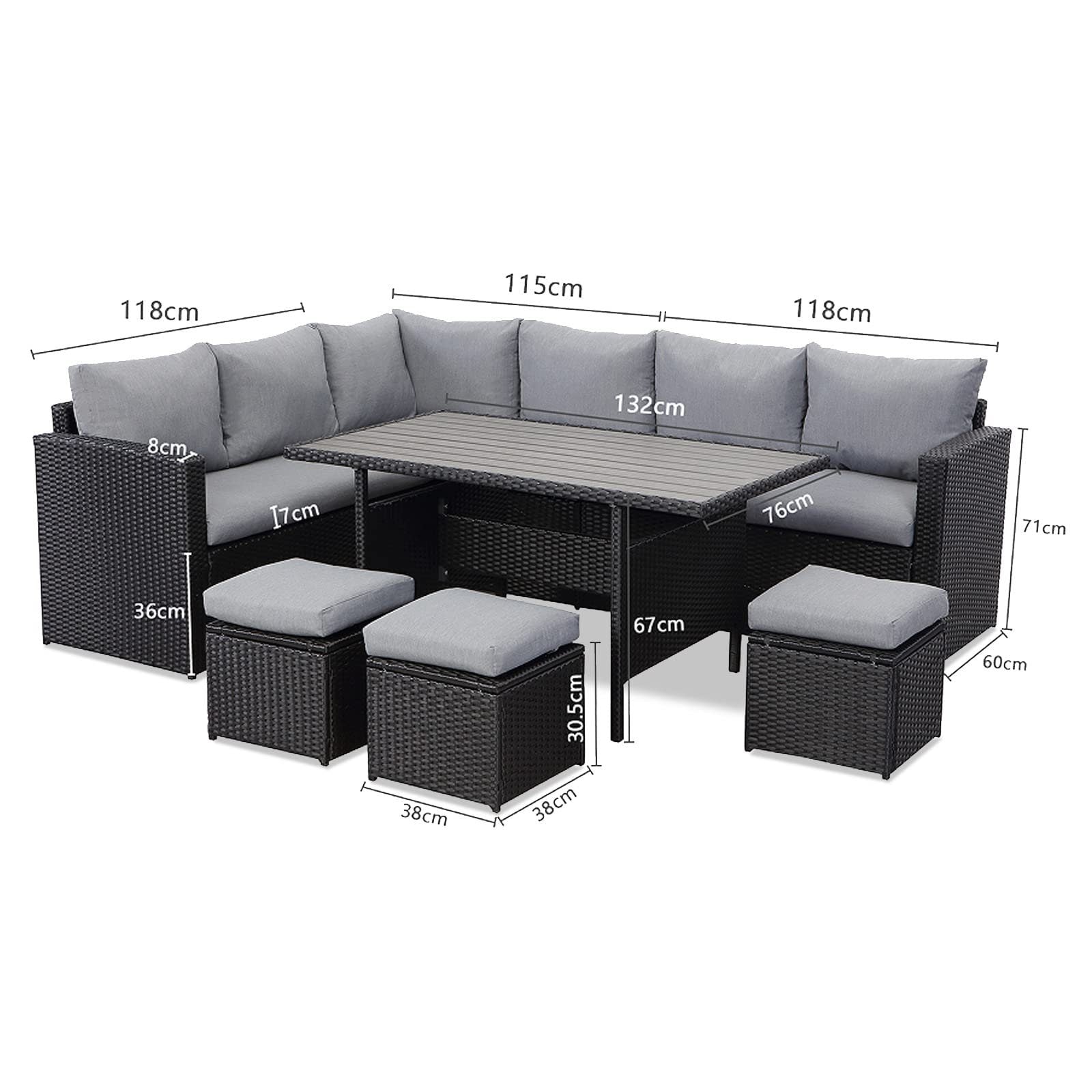 Gartenlounge - Set aus Polyrattan mit Ecklounge, Esstisch, 3 Hocker, Polster | Schwarz - MeXo - Home